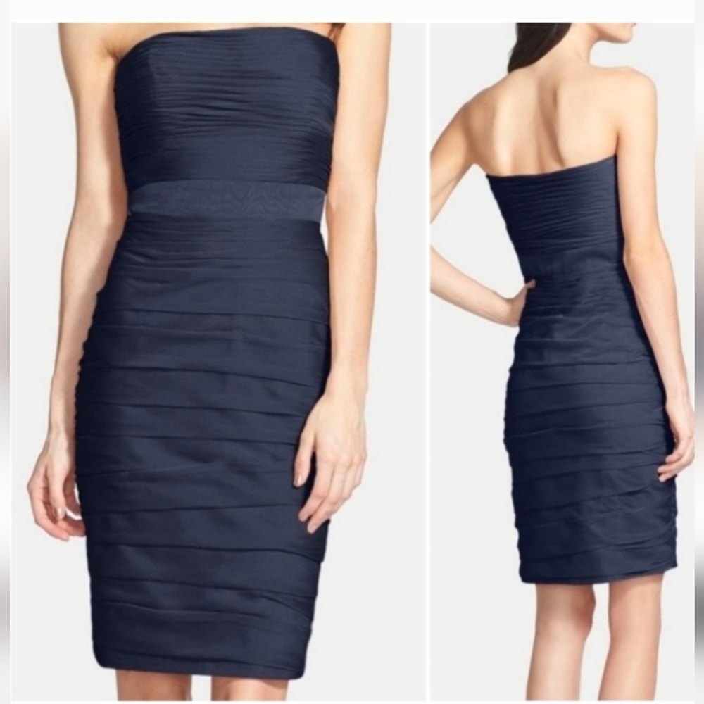 -Monique Lhuillier navy strapless dress. 10